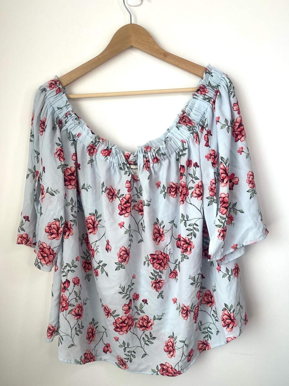 Marci Light Blue Off-Shoulder Floral Blouse with Pink Rose Print size 3X